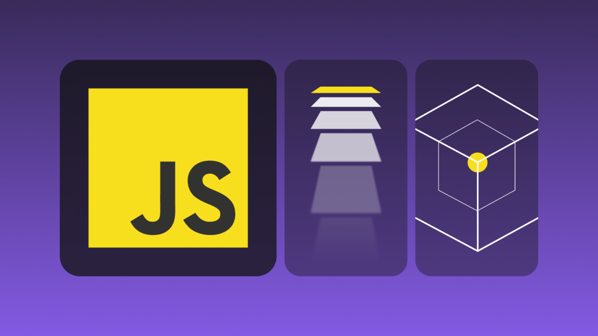 Abstract illustration representing JavaScript design patterns with the JS logo, layered components, and modular architecture.