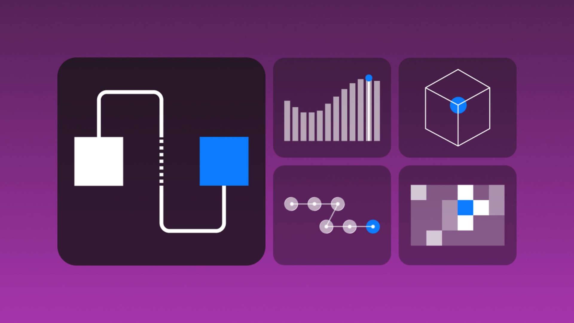 Abstract illustration of an AI-DLC workflow with connected stages, performance metrics, modular components, and process coordination.